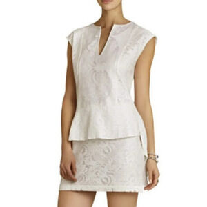BCBGMaxAzria White Isabel V-Neck Lace Draped Side Peplum Mini Dress Size 2